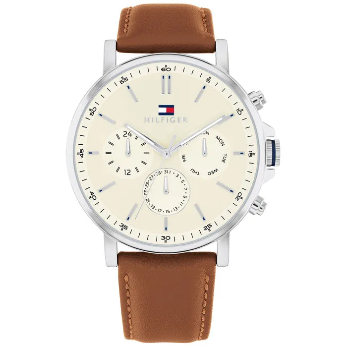 Tommy Hilfiger Brown Leather Parchment Dial Multi-function Men's Watch - 1792143